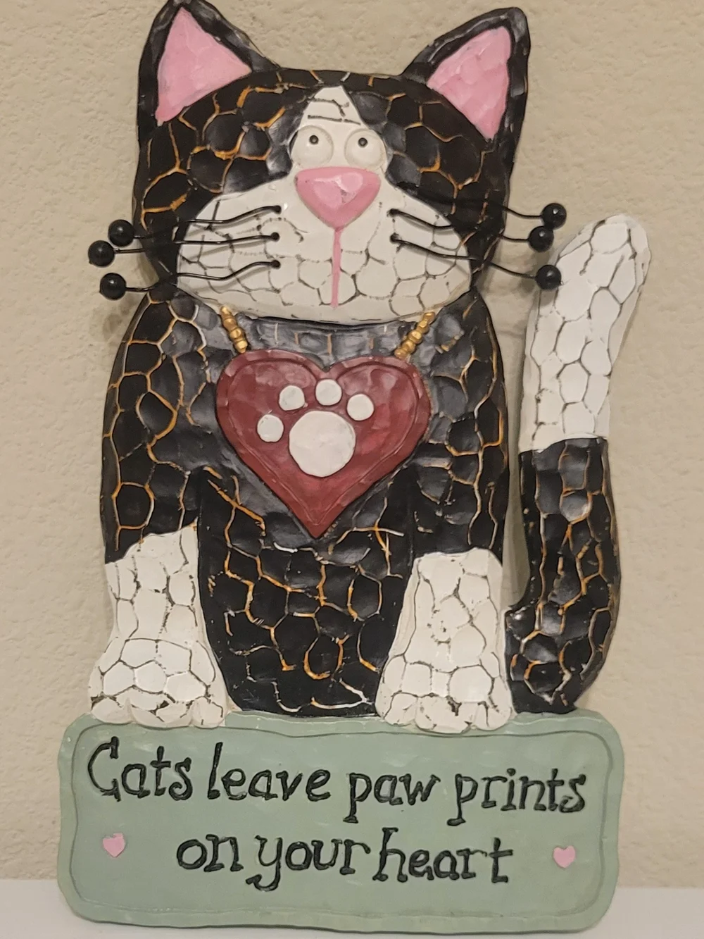 GANZ Black & White Cat Wall Plaque with Pink Accents and Red Heart